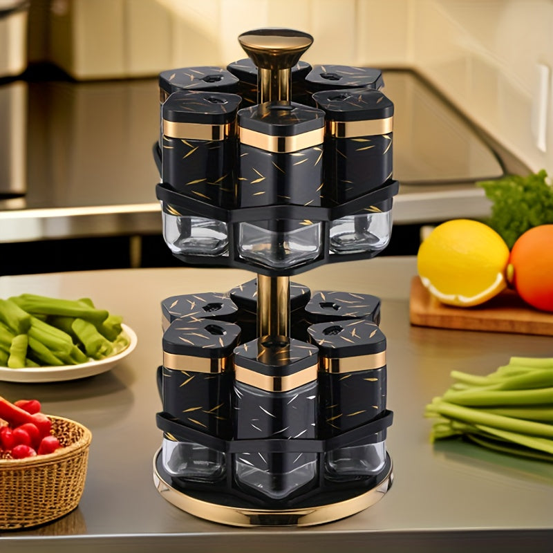 Elegant Glass Spice Set 6 Bottle Spice Set - Elegant White And Black Glass Shakers for Seasonings, Peppers And Herbs, Kitchen Essential, Travel, Rotating Rack, Decor Containers