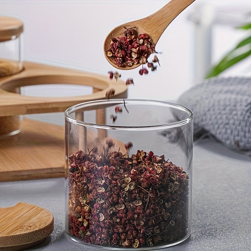 3pcs Glass Spice Jar Set with Wooden Rack, Sealed Glass Containers for Kitchen Storage, Suitable for Salt, Pepper, Sugar and Spices, Food Storage, Condiment Containers