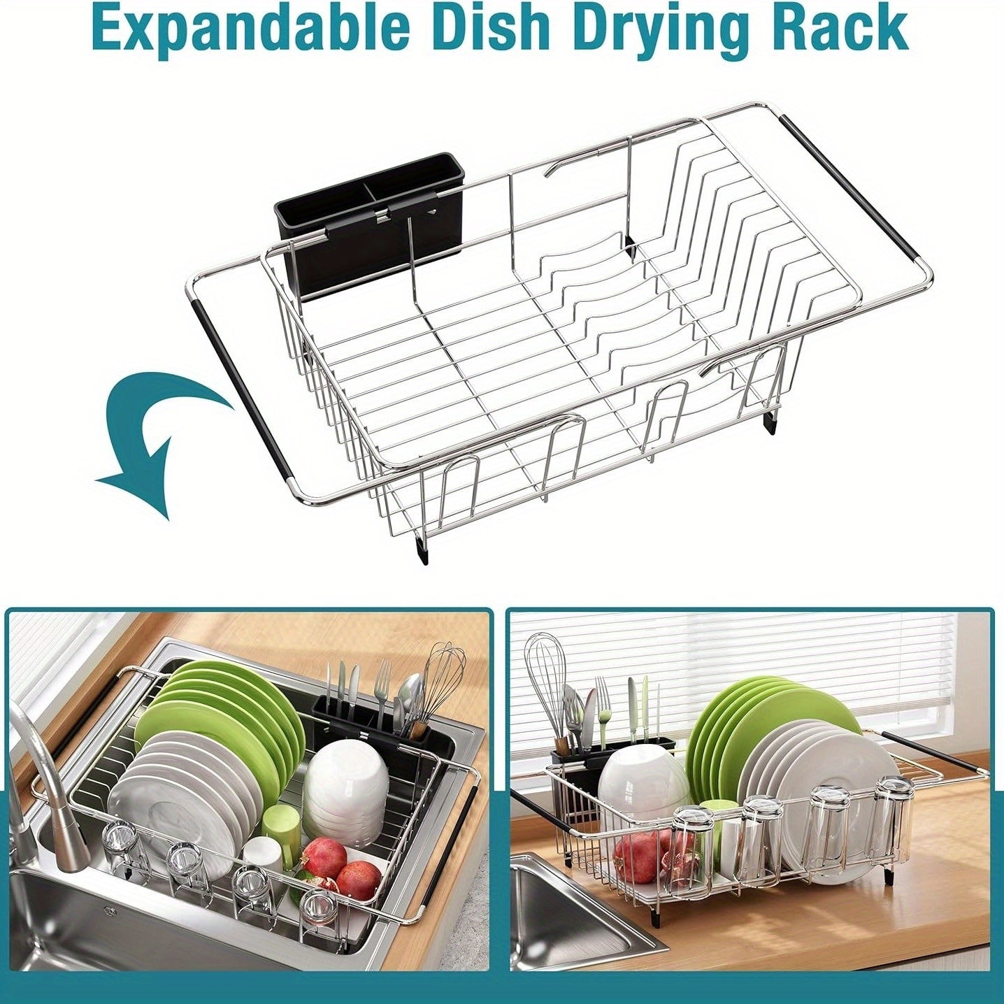 Dish Drying Rack In Sink, Expandable Stainless Steel Dish Drainers for Kitchen Counter, Dish Dryer Rack for Inside Sink, Over The Sink Dish Racks with Utensil Holder