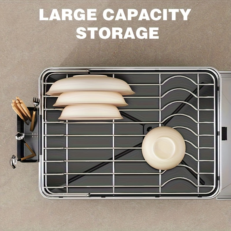 304 Stainless Steel Kitchen Dish Rack | New Countertop Dish Drying Organizer with Multi-Directional Drain Slots, Utensil Storage Rack
