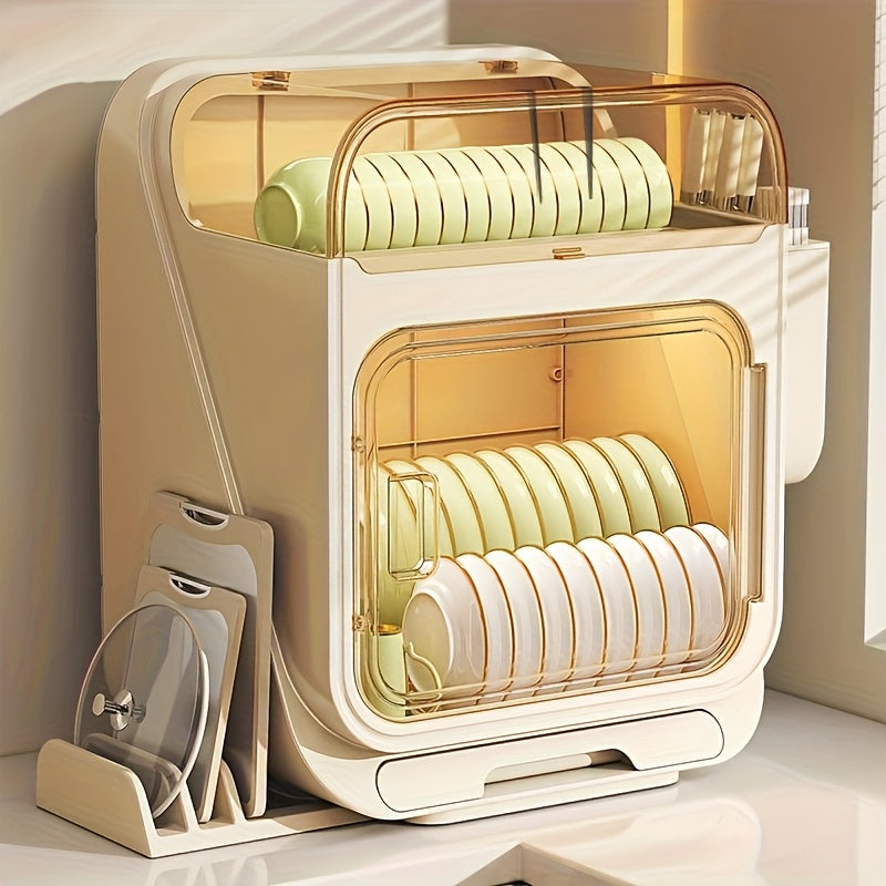 A Two-Tier Dish Drying Rack with a Cover, a Portable Storage Cabinet for Dishes, a Multifunctional 3-In-1 Kitchen Shelf, a Lightweight Plastic Dish Drainer with a Drip Tray, a Modern Minimalist Dish Rack for Organizing And Storing Kitchenware