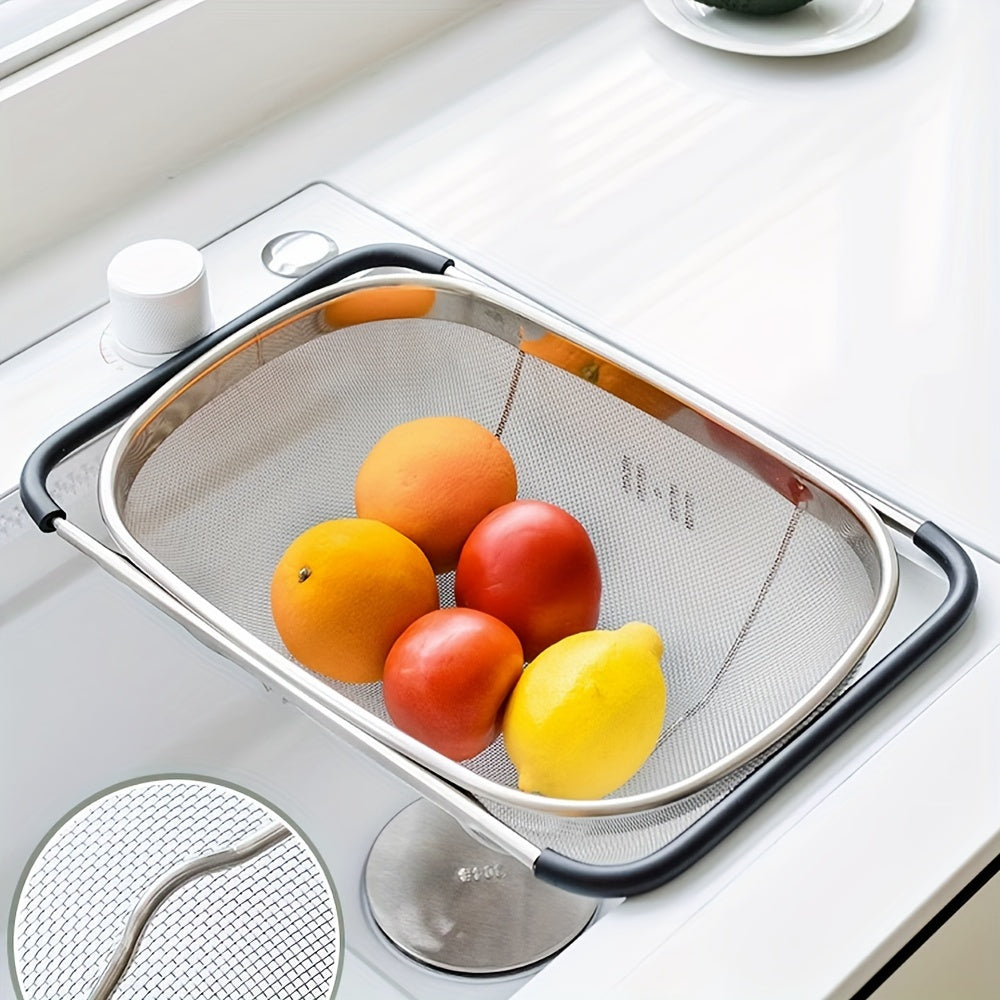 1pc Adjustable Stainless Steel Sink Colander | Multifunctional Vegetable and Fruit Washing Basket with Drain Rack, Strainer, and Kitchen Additions - Space-Saving, Easy to Clean, and Durable Kitchen Gadget by Eatscotta