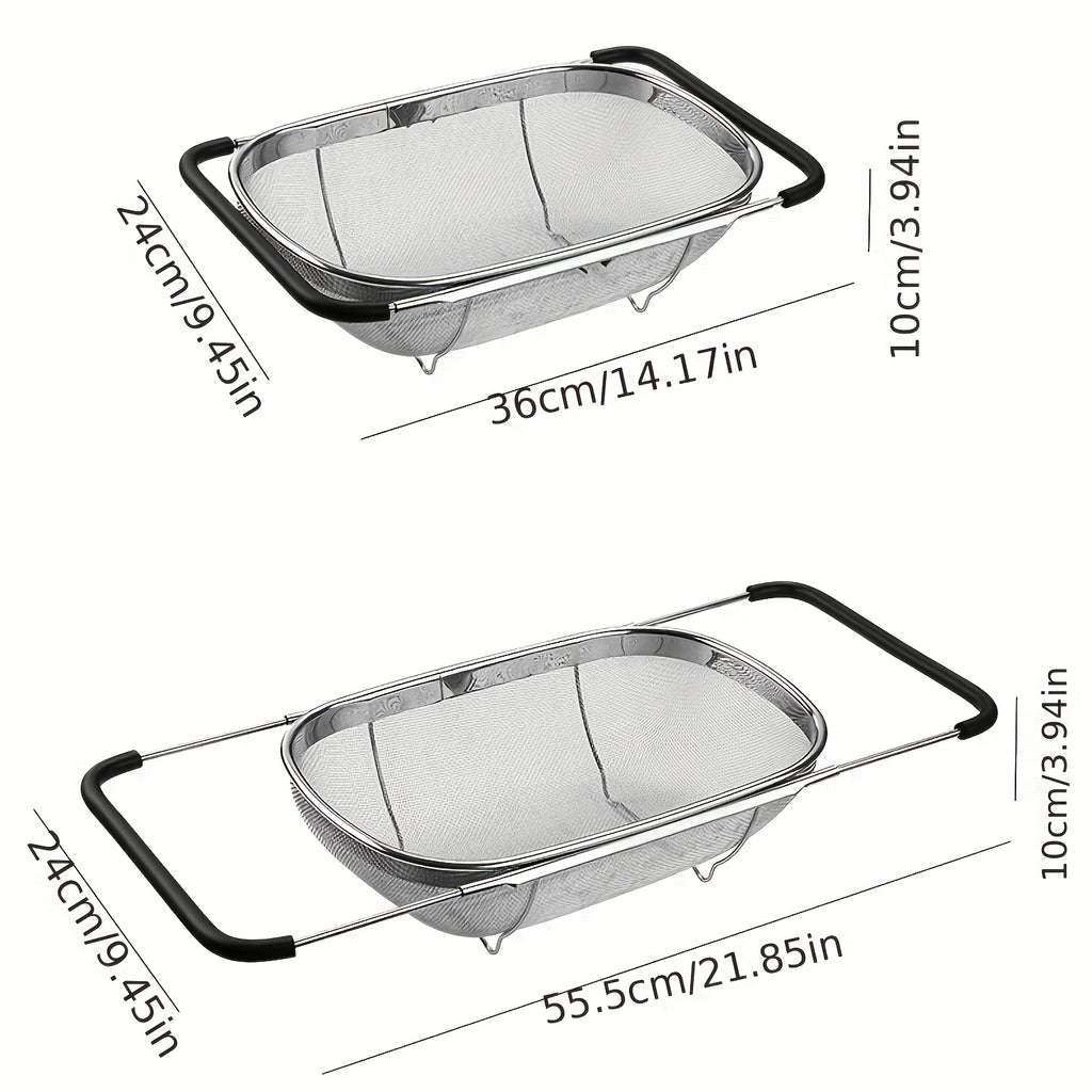 1pc, Sink Colander, Vegetable Sink Washing Basket, Fruit Drain Basket Rack, Stainless Steel Drain Basket, Strainer Basket, Adjustable Sink Rack, Multifunctional Colander, Kitchen Stuff, Kitchen Gadgets, Kitchen Accessories