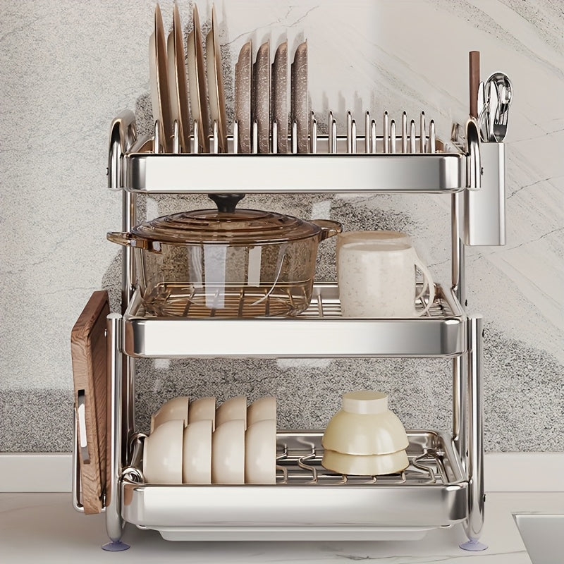 Stainless Steel Bowl, 2-Tier\u002F3-Tier Multifunctional Kitchen Storage Rack, Includes Knife And Fork Holder And Cutting Board Holder, Space-Saving Sink Side Drying Shelf, Essential for Organizing Kitchen