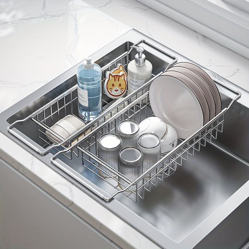 A Retractable Stainless Steel Sink Drainage Rack with Silicone Handles, an Expandable Dish Drying Rack, Multifunctional Storage Organizer for Kitchen Sink Additions, And a Korean-Style Collapsible Draining Basket