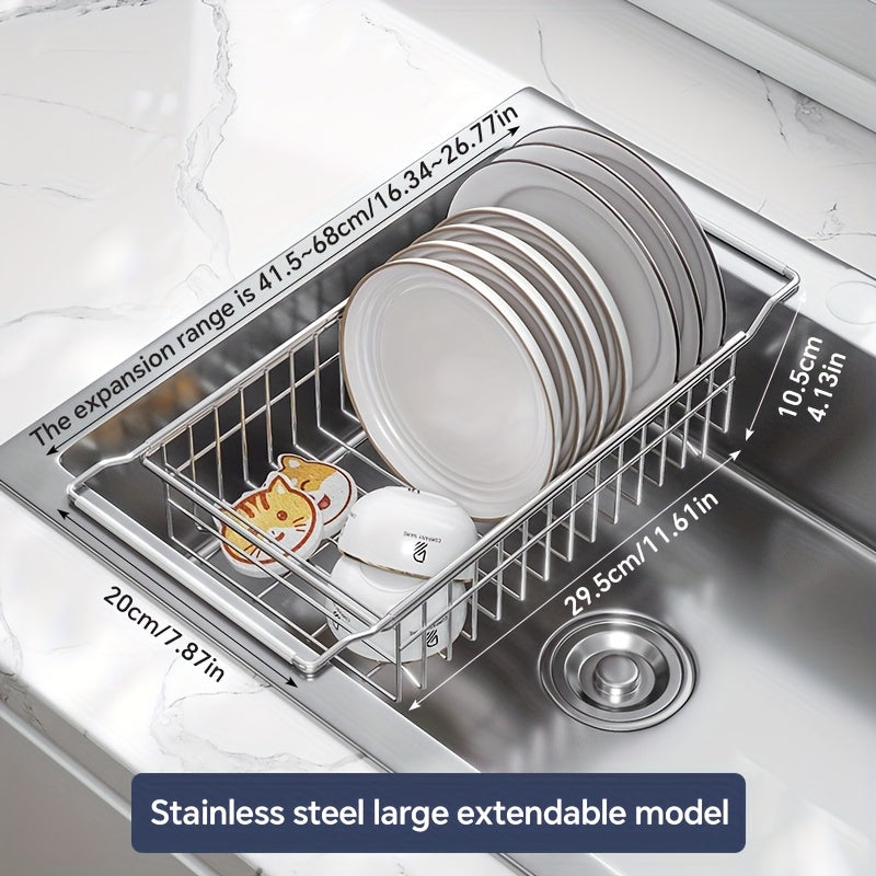A Retractable Stainless Steel Sink Drainage Rack with Silicone Handles, an Expandable Dish Drying Rack, Multifunctional Storage Organizer for Kitchen Sink Additions, And a Korean-Style Collapsible Draining Basket