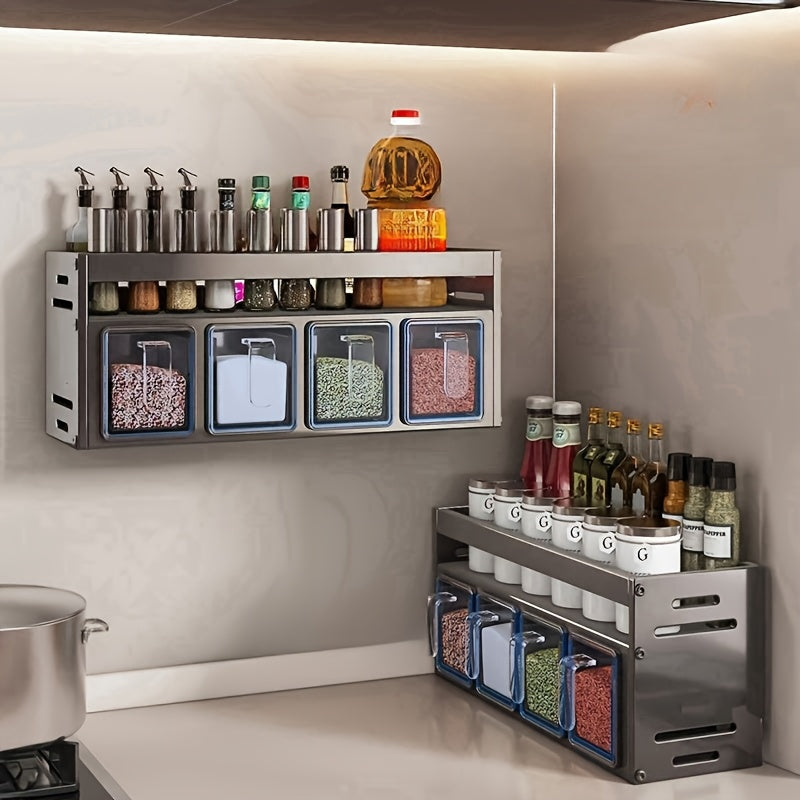 Set of Spice Storage That Can Be Mounted on The Wall - Made of Stainless Steel, Featuring Containers for Seasonings, Spice Boxes, And Shelves Suitable for Kitchens And Dining Areas