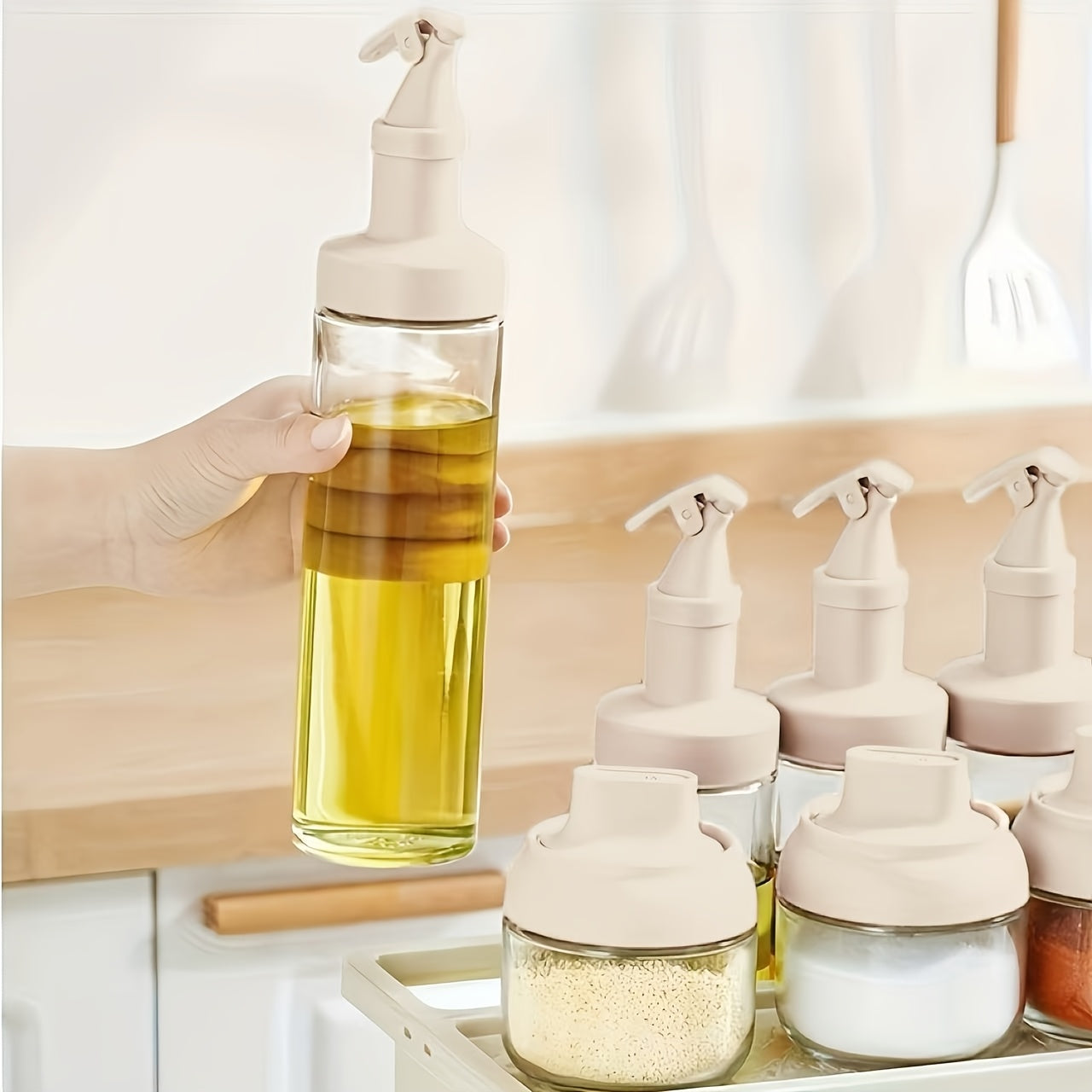 11pcs Sealed Sauce & Oil Storage Jars with Snap- Lids & Countertop Rack - Layered Shelf Compatible for Condiment Bottles, Spices, Vinegar - Kitchen Organizers Suitable and Dining Areas