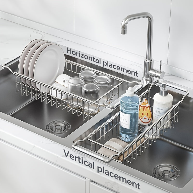 A Retractable Stainless Steel Sink Drainage Rack with Silicone Handles, an Expandable Dish Drying Rack, Multifunctional Storage Organizer for Kitchen Sink Additions, And a Korean-Style Collapsible Draining Basket