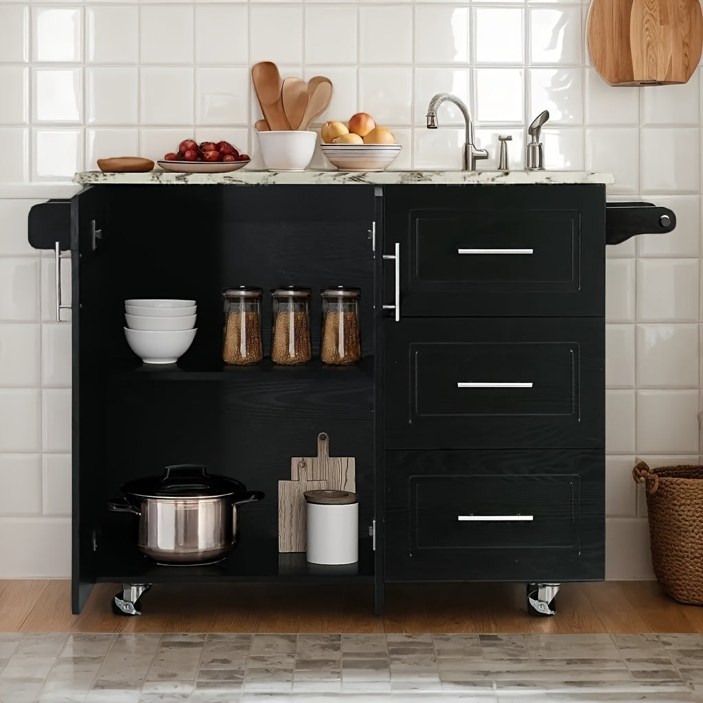 White Black Kitchen Island with Storage, Marble Tabletop, Rolling Kitchen Island Cart On Wheels with Drop Leaf Breakfast, Island Table for Kitchen with Towel Rack & Spice Rack Floating Shelf, White Black