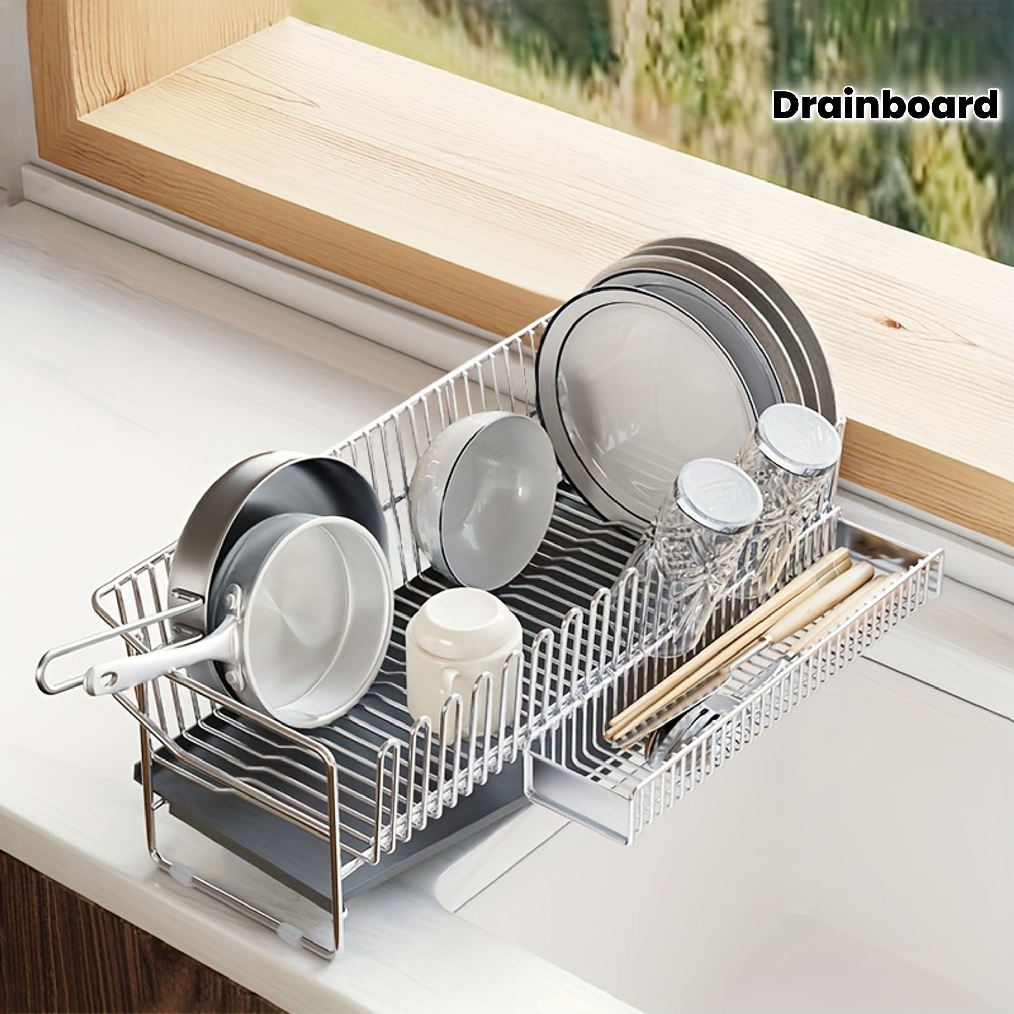 Space-Saving Stainless Steel Dish Drying Rack with Drainboard - Compact Over Sink Dish Drainer Organizer for Kitchen Countertop Storage with Easy Cleaning and Durable Construction
