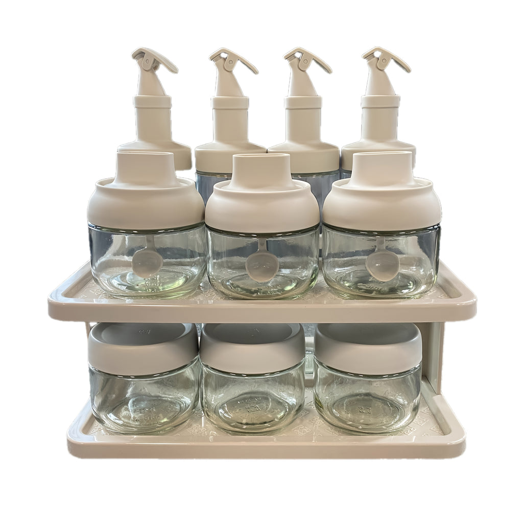 11pcs Sealed Sauce & Oil Storage Jars with Snap- Lids & Countertop Rack - Layered Shelf Compatible for Condiment Bottles, Spices, Vinegar - Kitchen Organizers Suitable and Dining Areas