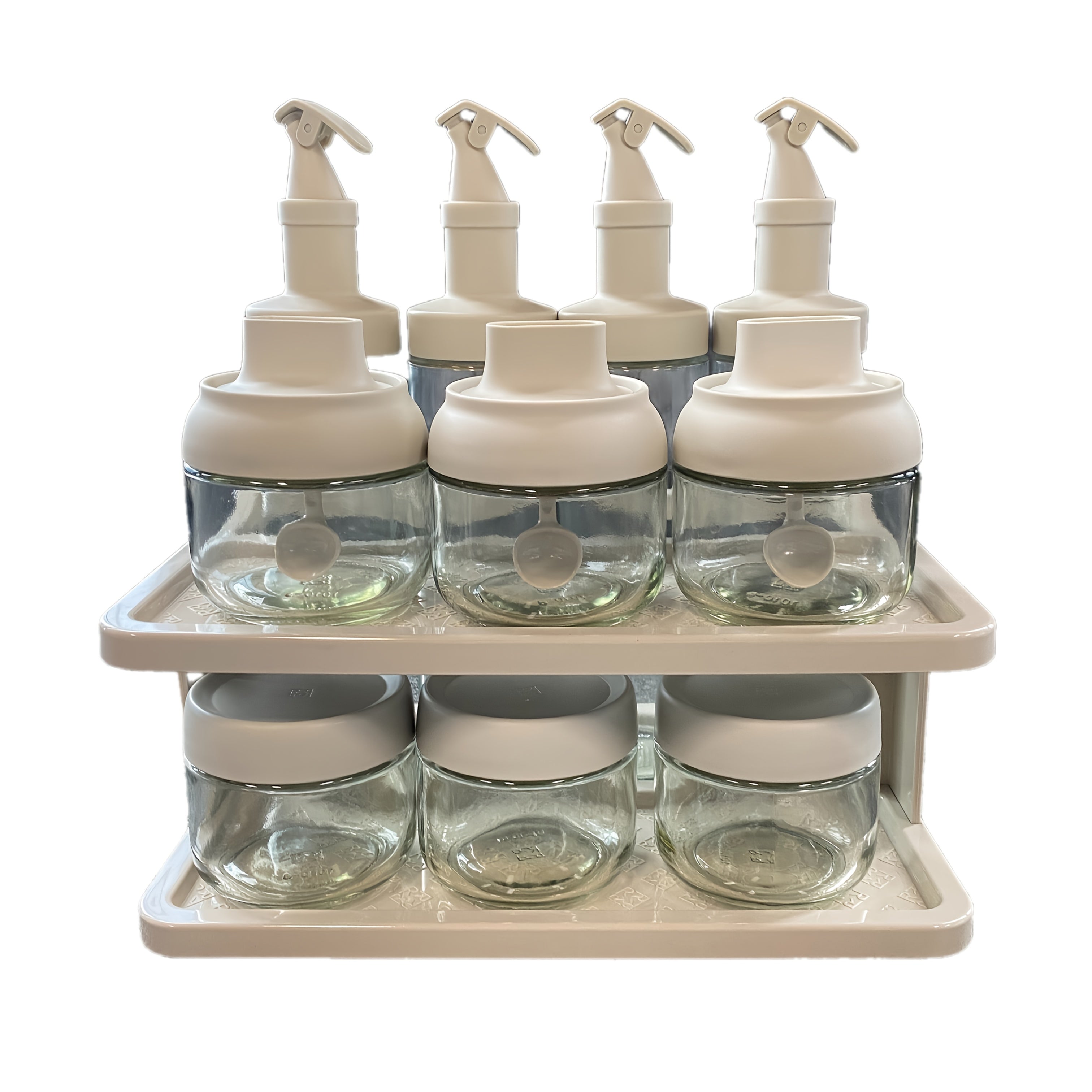 11pcs Sealed Sauce & Oil Storage Jars with Snap- Lids & Countertop Rack - Layered Shelf Compatible for Condiment Bottles, Spices, Vinegar - Kitchen Organizers Suitable and Dining Areas
