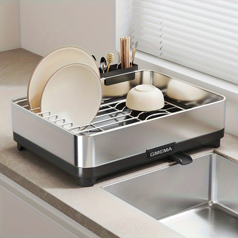 304 Stainless Steel Kitchen Dish Rack | New Countertop Dish Drying Organizer with Multi-Directional Drain Slots, Utensil Storage Rack