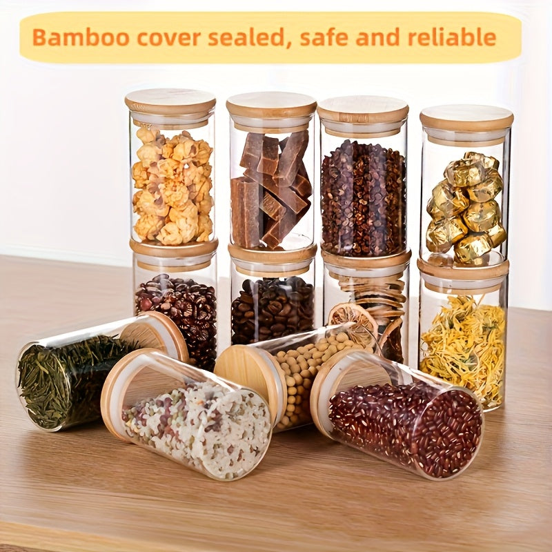 1pc Bamboo Rotating Spice Rack | 10pcs Glass Spice Jars with Flip Top, Round Shape, Reusable, for Kitchen Countertops and Cabinets