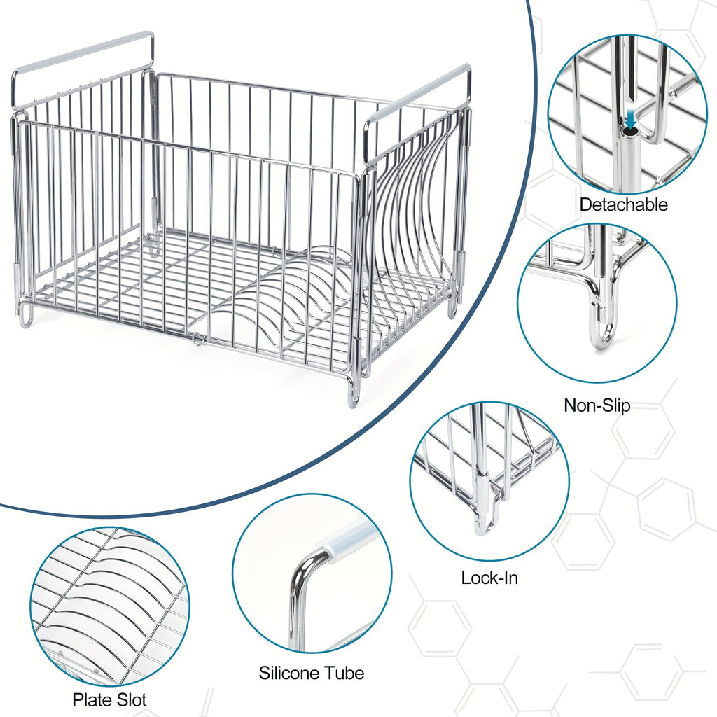 Large Metal Dish Rack Large Deep Dish Drying Rack & Utensil Holder | Durable Metal Wire Design for Efficient Draining, Holds 10-12 Inch Plates, Bowls, Cups & Cutlery, Over-Sink Kitchen Countertop Organizer