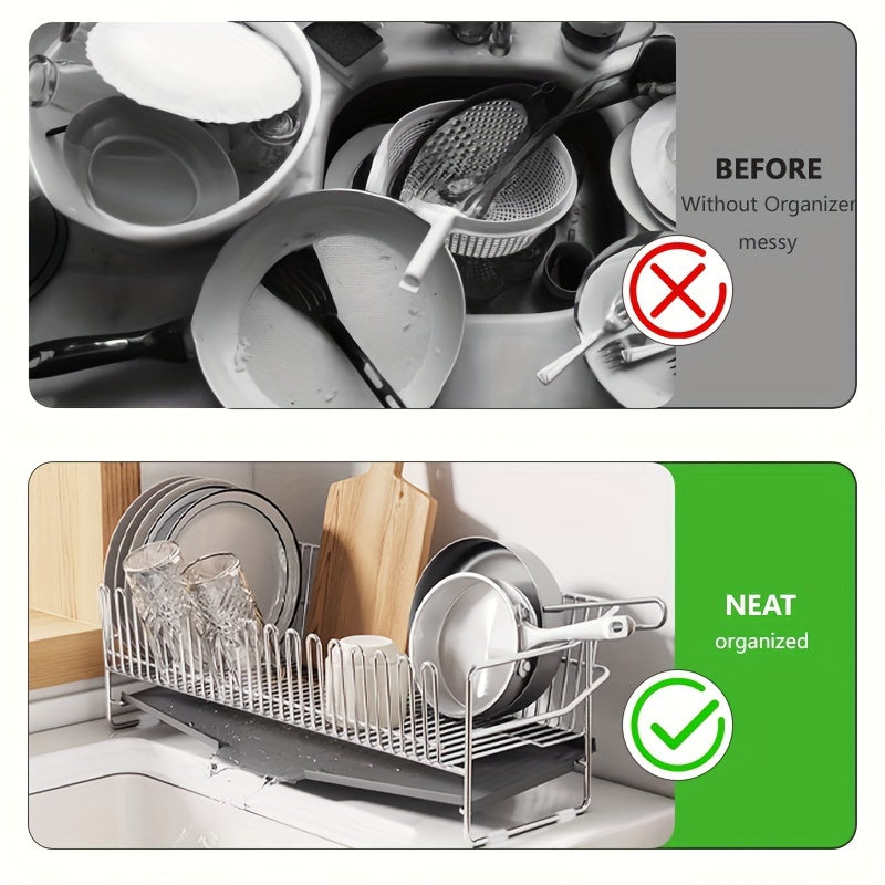 Space-Saving Stainless Steel Dish Drying Rack with Drainboard - Compact Over Sink Dish Drainer Organizer for Kitchen Countertop Storage with Easy Cleaning and Durable Construction