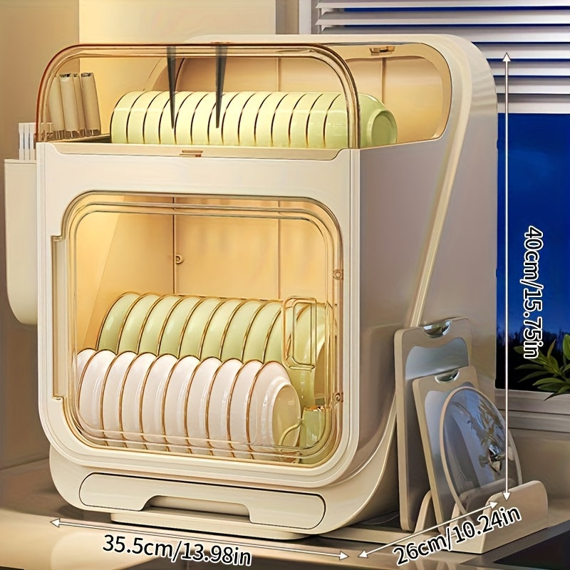 A Two-Tier Dish Drying Rack with a Cover, a Portable Storage Cabinet for Dishes, a Multifunctional 3-In-1 Kitchen Shelf, a Lightweight Plastic Dish Drainer with a Drip Tray, a Modern Minimalist Dish Rack for Organizing And Storing Kitchenware