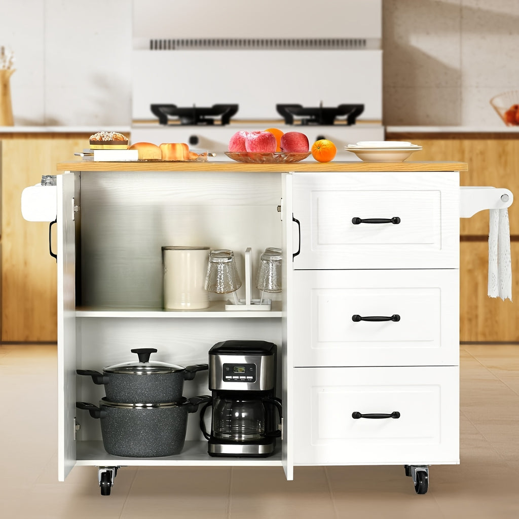 White Black Kitchen Island with Storage, Marble Tabletop, Rolling Kitchen Island Cart On Wheels with Drop Leaf Breakfast, Island Table for Kitchen with Towel Rack & Spice Rack Floating Shelf, White Black