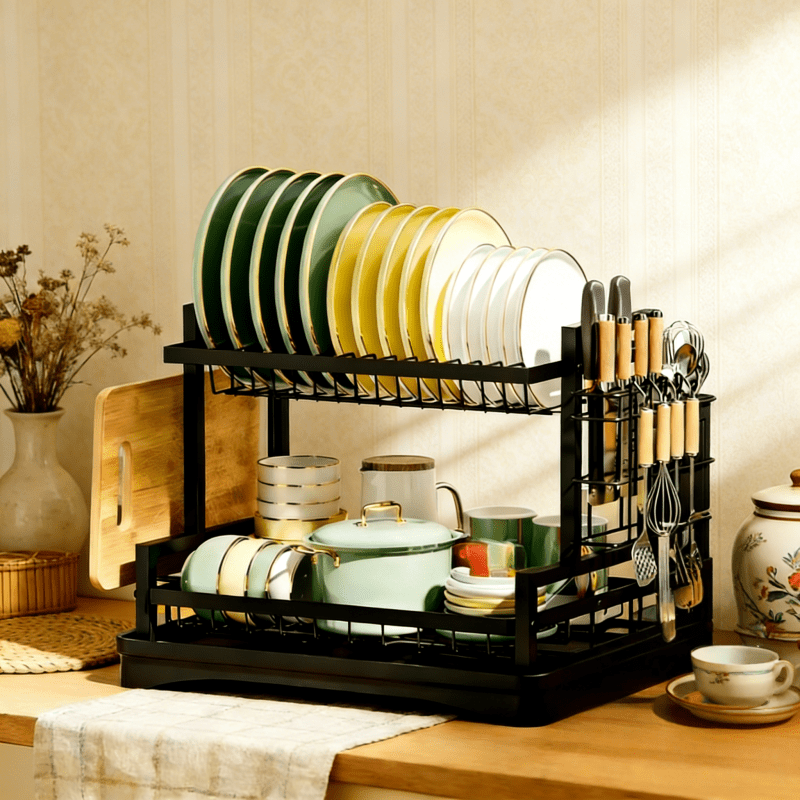 Large Heavy-Duty 2-Tier Dish Drying Rack with Removable Drain Board - Space-Saving Iron Dish Rack Suitable for Cups, Utensils, Chopping Boards, Plates, Bowls - Easy Assembly & Cleaning, Sturdy Countertop Organizer Sink Area, Ideal Gift
