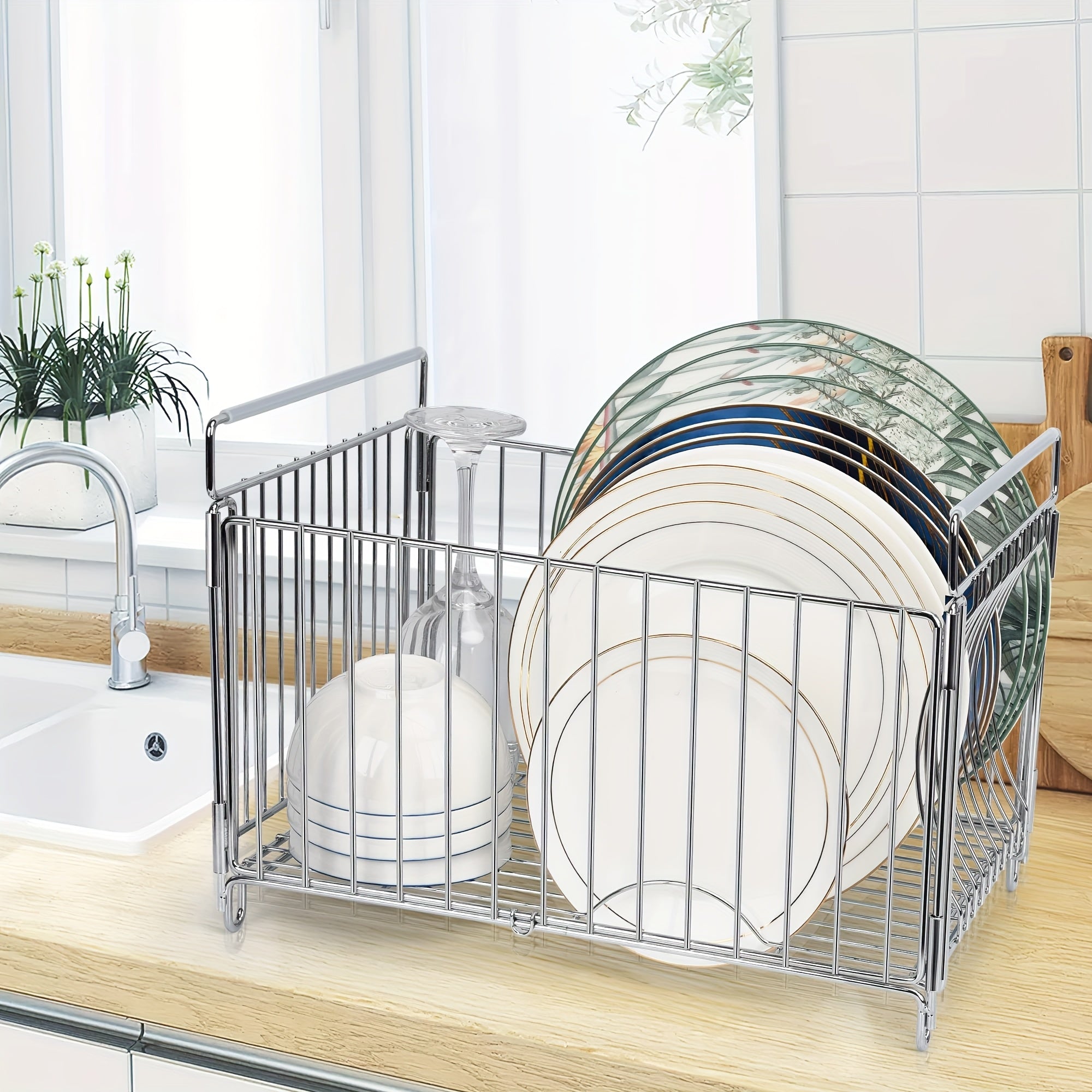 Large Metal Dish Rack Large Deep Dish Drying Rack & Utensil Holder | Durable Metal Wire Design for Efficient Draining, Holds 10-12 Inch Plates, Bowls, Cups & Cutlery, Over-Sink Kitchen Countertop Organizer
