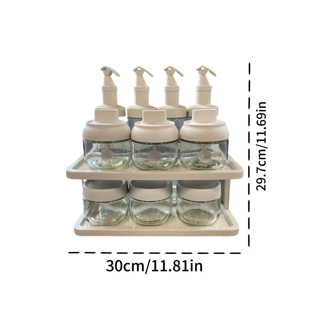 11pcs Sealed Sauce & Oil Storage Jars with Snap- Lids & Countertop Rack - Layered Shelf Compatible for Condiment Bottles, Spices, Vinegar - Kitchen Organizers Suitable and Dining Areas