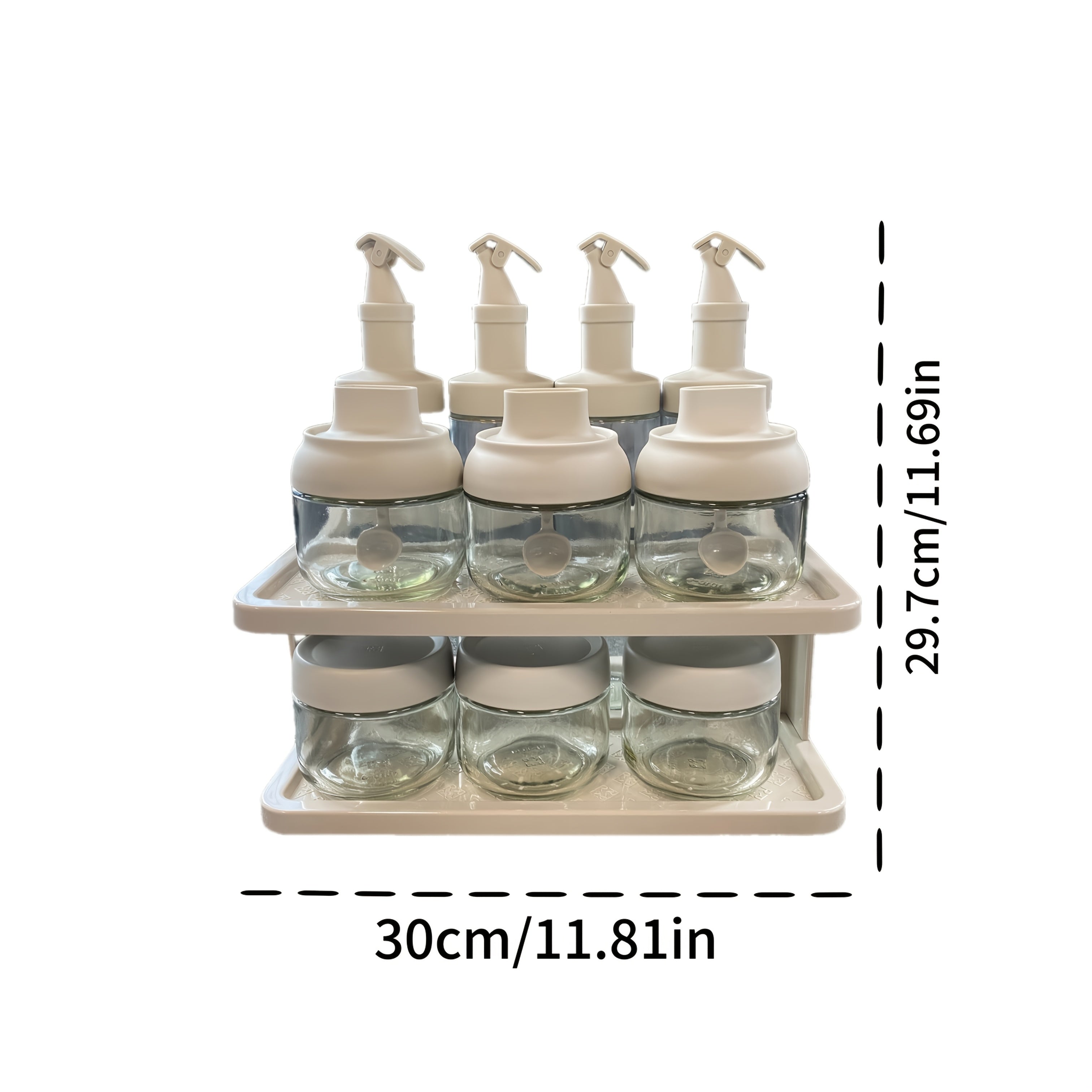 11pcs Sealed Sauce & Oil Storage Jars with Snap- Lids & Countertop Rack - Layered Shelf Compatible for Condiment Bottles, Spices, Vinegar - Kitchen Organizers Suitable and Dining Areas