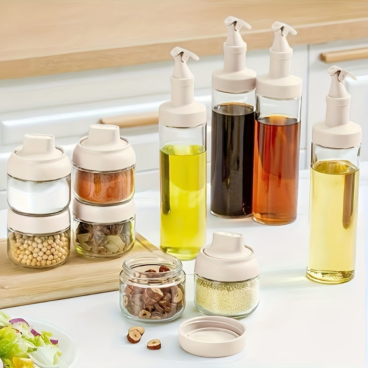 11pcs Sealed Sauce & Oil Storage Jars with Snap- Lids & Countertop Rack - Layered Shelf Compatible for Condiment Bottles, Spices, Vinegar - Kitchen Organizers Suitable and Dining Areas