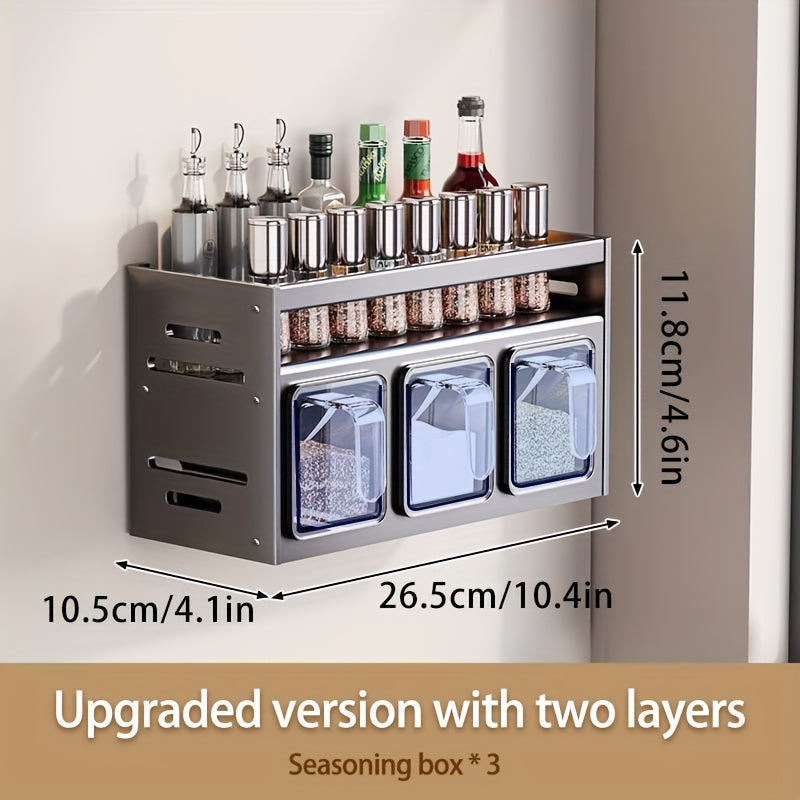 Set of Spice Storage That Can Be Mounted on The Wall - Made of Stainless Steel, Featuring Containers for Seasonings, Spice Boxes, And Shelves Suitable for Kitchens And Dining Areas