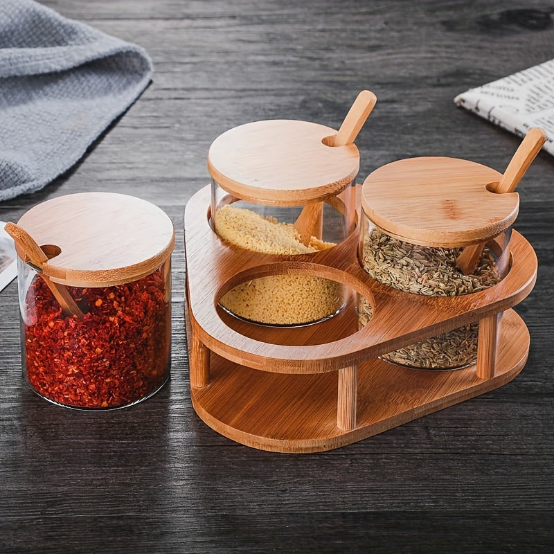 3pcs Glass Spice Jar Set with Wooden Rack, Sealed Glass Containers for Kitchen Storage, Suitable for Salt, Pepper, Sugar and Spices, Food Storage, Condiment Containers