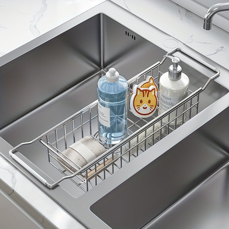 A Retractable Stainless Steel Sink Drainage Rack with Silicone Handles, an Expandable Dish Drying Rack, Multifunctional Storage Organizer for Kitchen Sink Additions, And a Korean-Style Collapsible Draining Basket