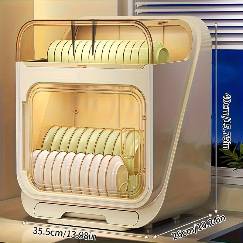 A Two-Tier Dish Drying Rack with a Cover, a Portable Storage Cabinet for Dishes, a Multifunctional 3-In-1 Kitchen Shelf, a Lightweight Plastic Dish Drainer with a Drip Tray, a Modern Minimalist Dish Rack for Organizing And Storing Kitchenware