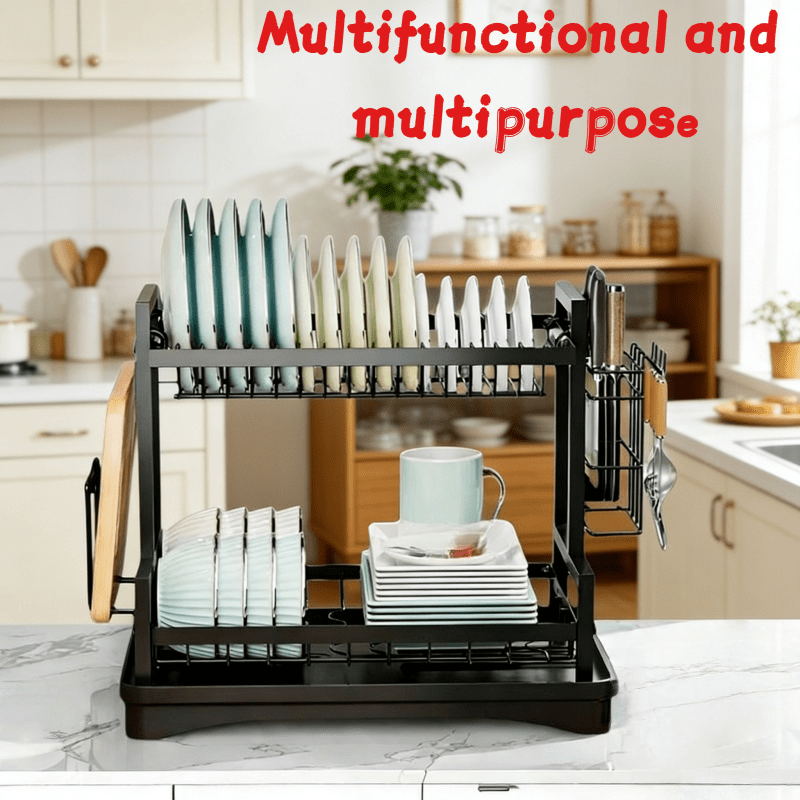 Large Heavy-Duty 2-Tier Dish Drying Rack with Removable Drain Board - Space-Saving Iron Dish Rack Suitable for Cups, Utensils, Chopping Boards, Plates, Bowls - Easy Assembly & Cleaning, Sturdy Countertop Organizer Sink Area, Ideal Gift