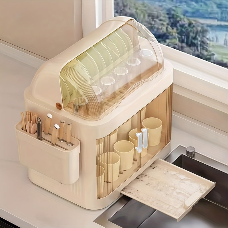 A 2\u002F3-Layer Kitchen Dish Storage Cabinet, Multi-Layer with a Draining Tray And Lid for Organizing Dishes And Utensils, Suitable for Bowls, Plates, And Cups, in White Color