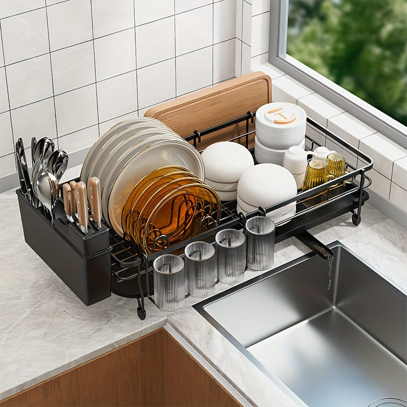 A Retractable Metal Bowl And Plate Rack for The Kitchen Countertop, Designed for Draining And Drying Dishes. This Expandable Storage Rack Fits Beside The Kitchen Sink And Includes a Cutting Board Holder, Cutlery Holder, And Cup Holder