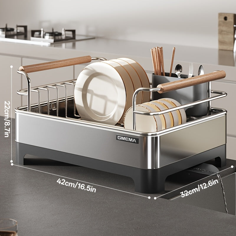 1 Stainless Steel Dish Drying Rack with Handle | Kitchen Countertop Dish Rack with 360° Rotating Water Collection Tray, Multifunctional Storage Organizer