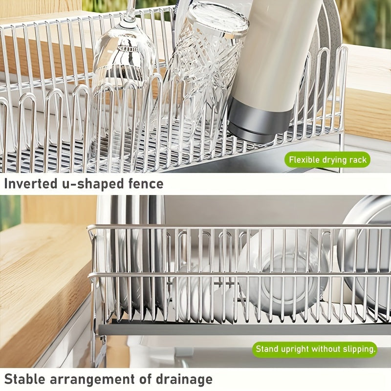 Space-Saving Stainless Steel Dish Drying Rack with Drainboard - Compact Over Sink Dish Drainer Organizer for Kitchen Countertop Storage with Easy Cleaning and Durable Construction