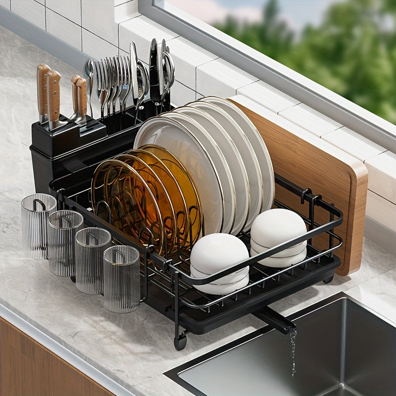 A Retractable Metal Bowl And Plate Rack for The Kitchen Countertop, Designed for Draining And Drying Dishes. This Expandable Storage Rack Fits Beside The Kitchen Sink And Includes a Cutting Board Holder, Cutlery Holder, And Cup Holder